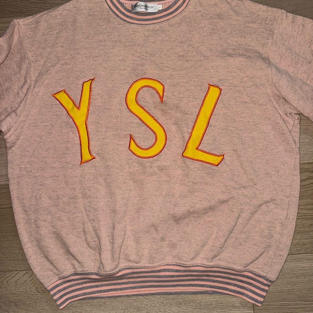 Vintage 90’s Saint Laurent YSL Logo Oversized Salmon Pink Crewneck Sweater - Picture 2 of 7